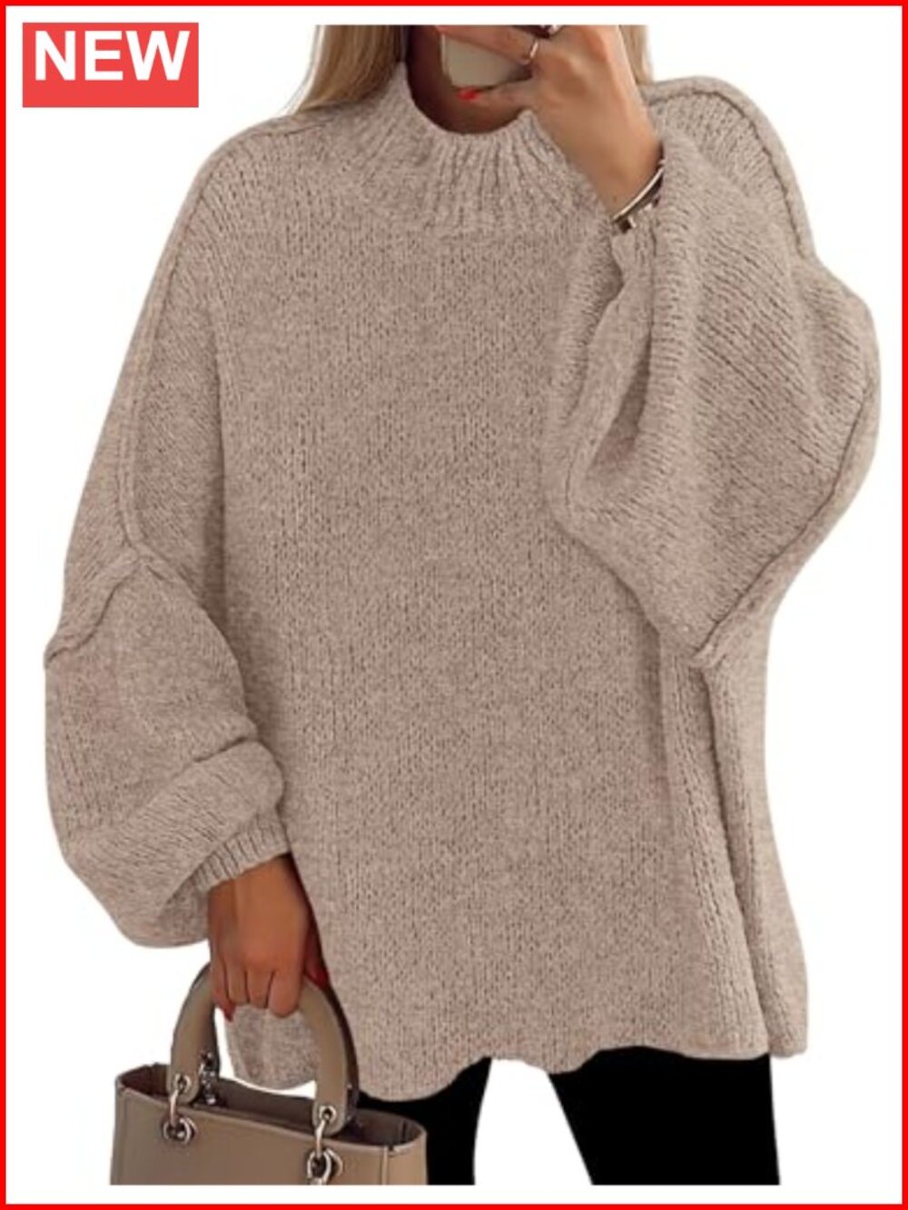 Oversized Chunky Knit Sweater, Mock Neck, Long Sleeve, Drop Shoulder Pullover